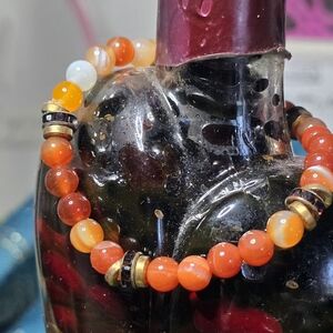 Orange & Red Agate Beaded Bracelet with Gold & Red Rhinestone Accents